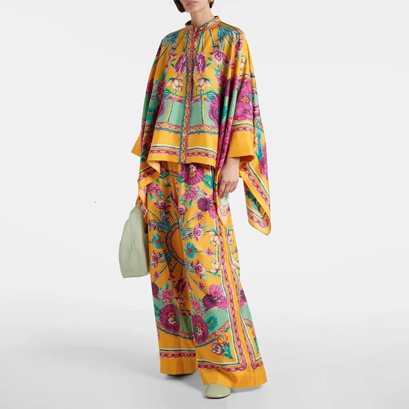 Elegant Womens Irregular Geometric Print Pants Sets Long Sleeve Oversized Shirts and Wide Leg Stylish Streetwear Suit 251021