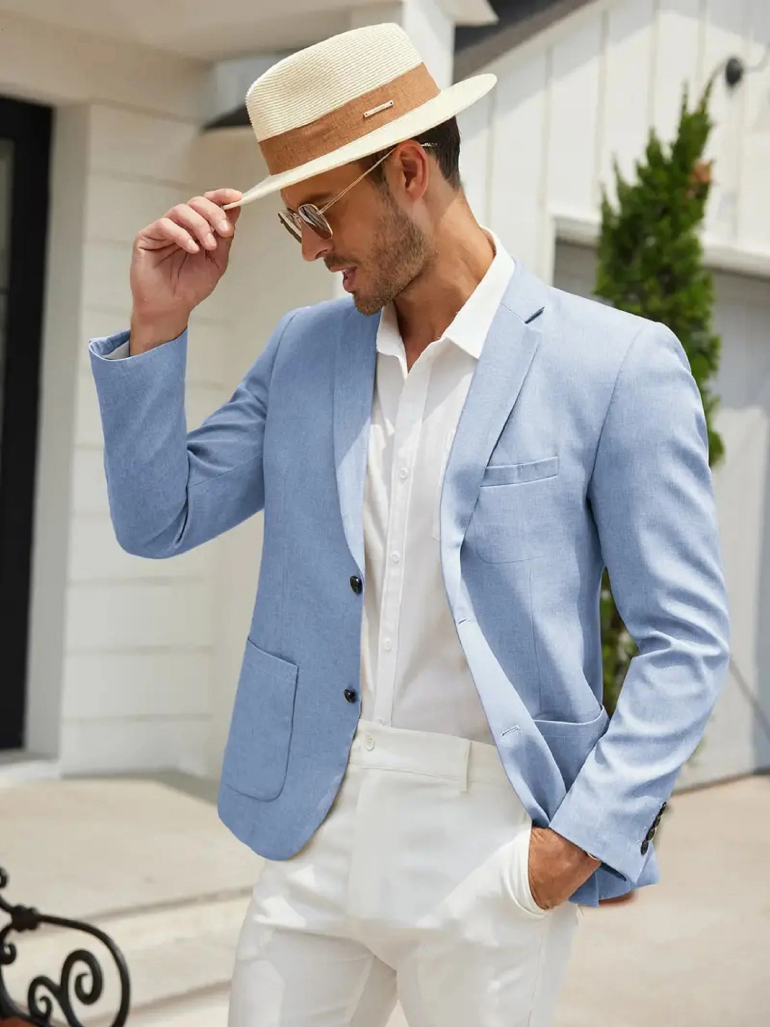 Mens MultiFlap Pocket Pants Fashionable Slim TwoButton Blue Suit Jacket Suitable for Spring and Autum Business Banquet Daily Outdoor Casual Mens Suit 