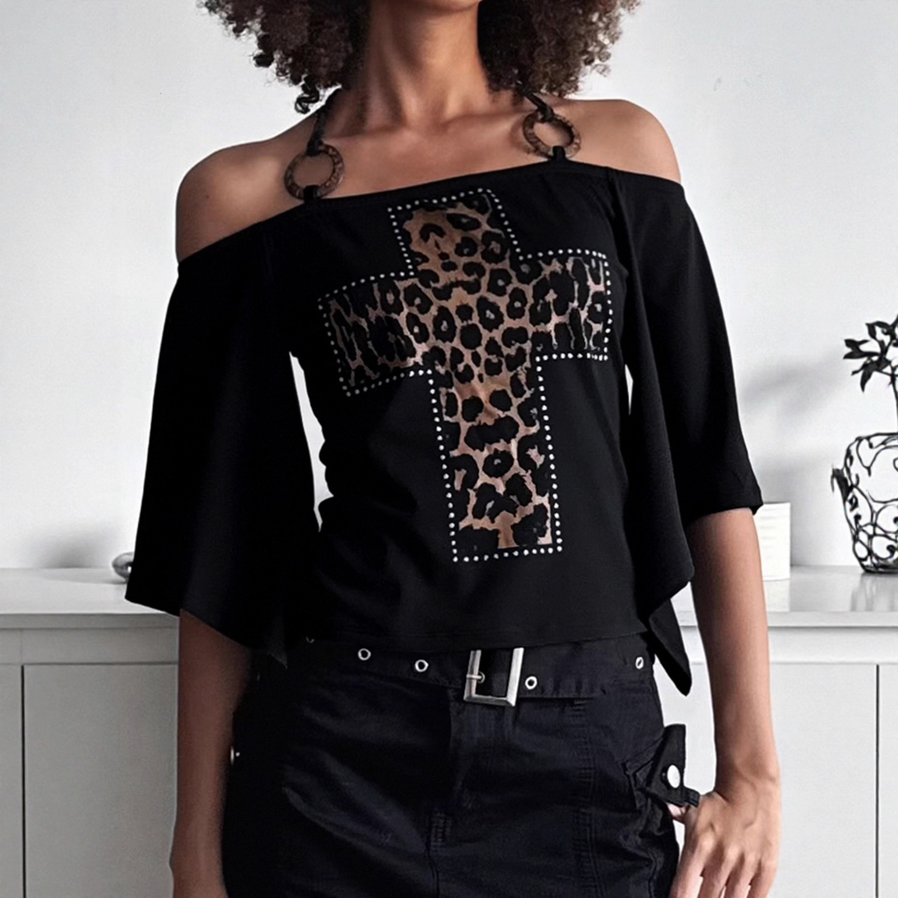 2025 dark leopard print splicing cross slim fit off shoulder women's T-shirt, American designer retro bell sleeves, autumn and winter new fashion