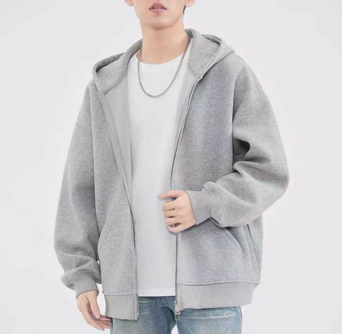 A simple and casual grey hooded double-zipper men's hoodie jacket