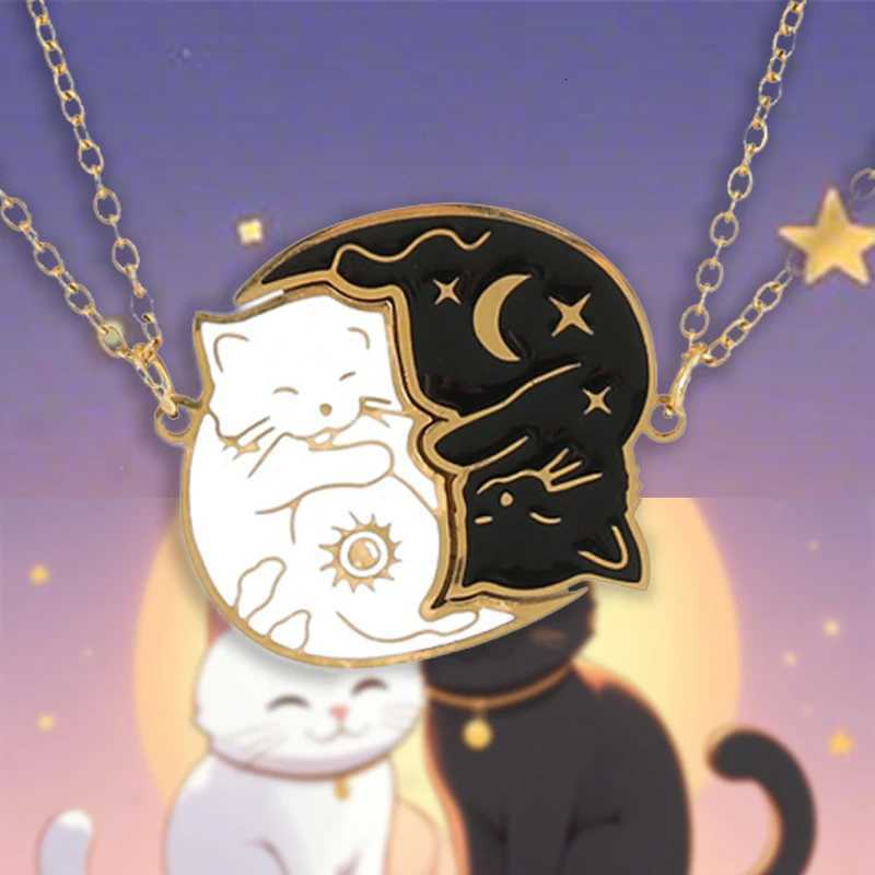 2Pcs Stainless Steel Black White Cat Necklace Love Embrace Cat Matching Couple Pendant Necklaces BFF Jewelry for Women Friend XJ250717