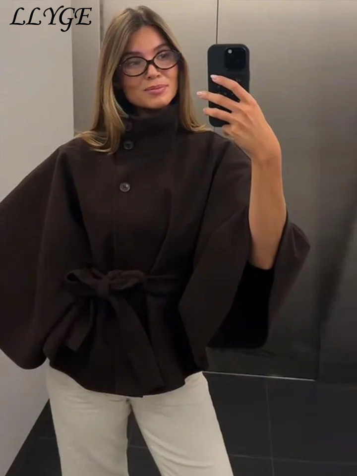 Elegant Womens Belt Short Woolen Coats Loose Stand Collar Singlebreasted Long Sleeve Jacket Autumn Lady Commute Outwear 251013