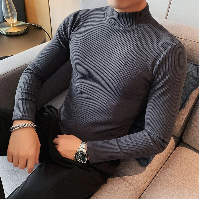 Turtleneck Men Autumn Winter Long Sleeve T Shirt For Clothing Simple Slim Fit Casual Mens Tshirts Striped High Quality 251016