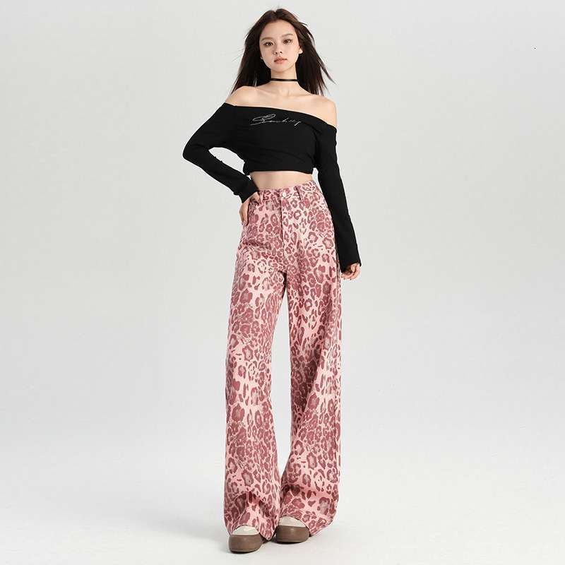 2025 Pink Leopard Pattern Designer Pants Women's Printed Jeans Autumn Thin Loose Autumn New High Waist Straight Tube Wide Leg Floor Length