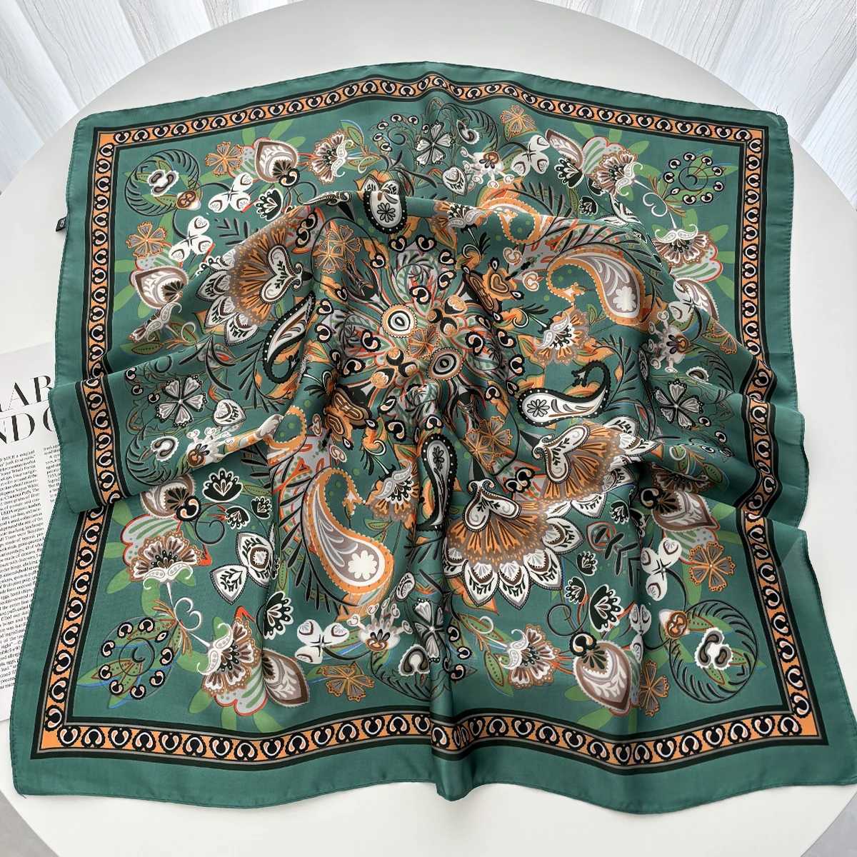 Spring Summer Lotus Print Satin Scarf Square Neckerchi for Wen Wrap Fashion Decorative Accory BandanaW251021