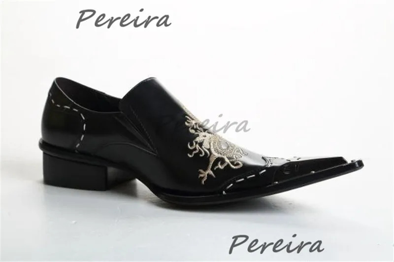 Red Embroidery Men Dress Shoes Metal Pointed Toe Slip On Loafers Chinese Style Med Heel Party Wedding Business Casual 251011