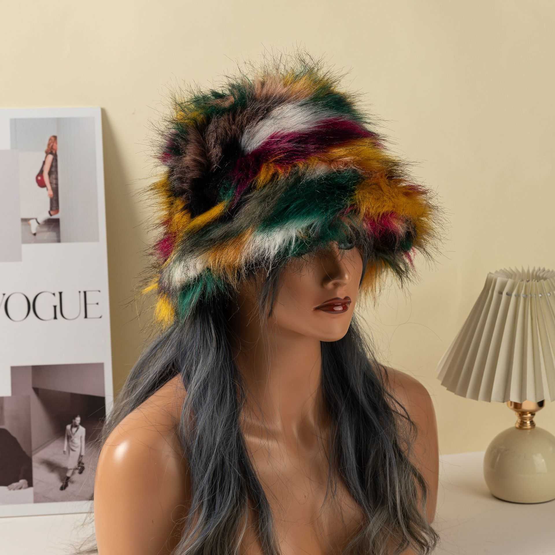 Faux Fur Hat Fashionable Warm Plush Fisherman Hat Colorful Faux Fox Fur Trendy Bucket Hat Straight Hair H251020