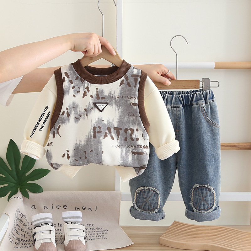 Free Shipping Warm Kids Clothing 2025 Trendy Kids Outfit with Layered Look, Fake Two-Piece Set for Boys & Girls, Stylish Spring Autumn Fashion