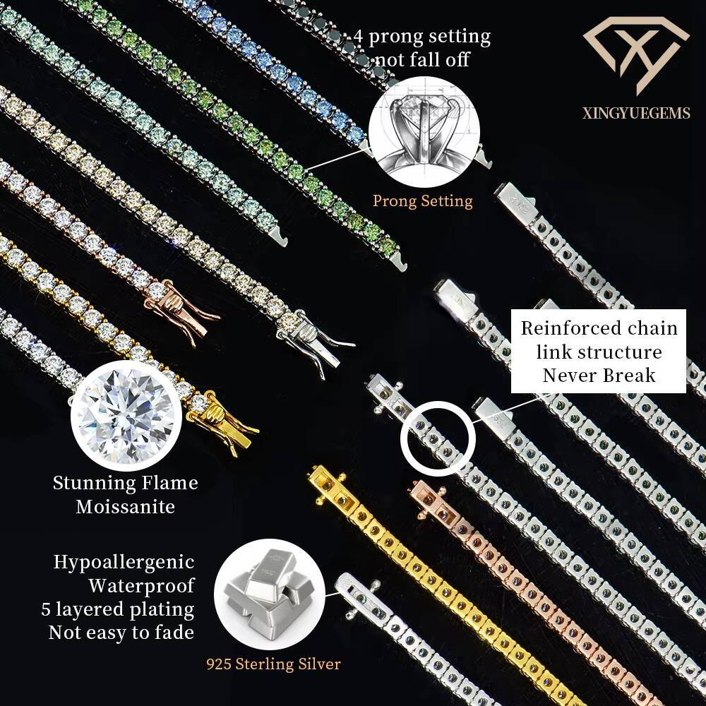 Wholesale Jewelry 925 Sterling Silver 5mm Cluster Vvs Colored Mossanite Moissanite Lab Grown Diamond Tennis Link Necklace Chain