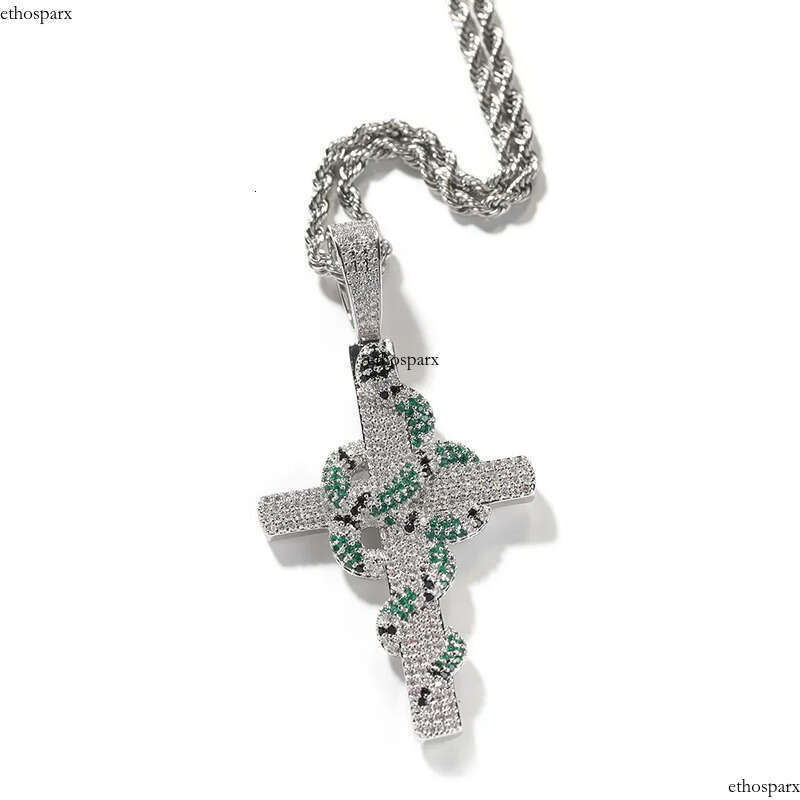 Hip Hop Colorful Snake Cross Pendant Necklace TopBling Full Cubic Zirconia Religious Jewelry