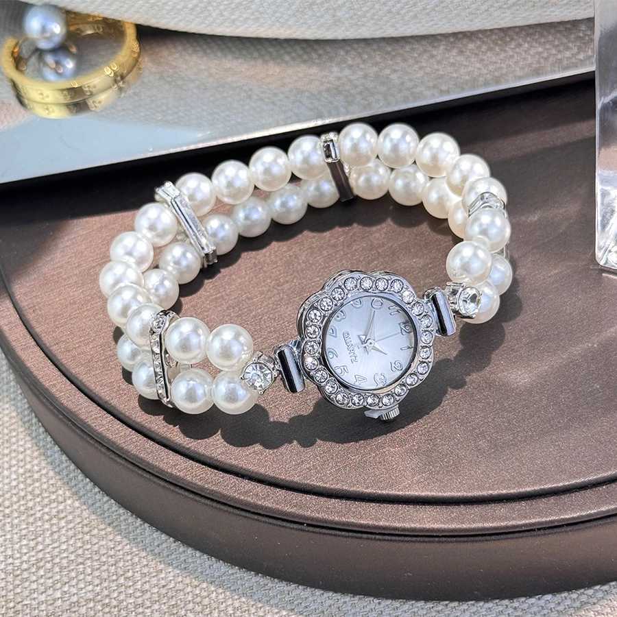 New ladies doublerow pearl diamondencrusted elastic str Arabic digital dial simple light luxury fashionable quartzXJ251021