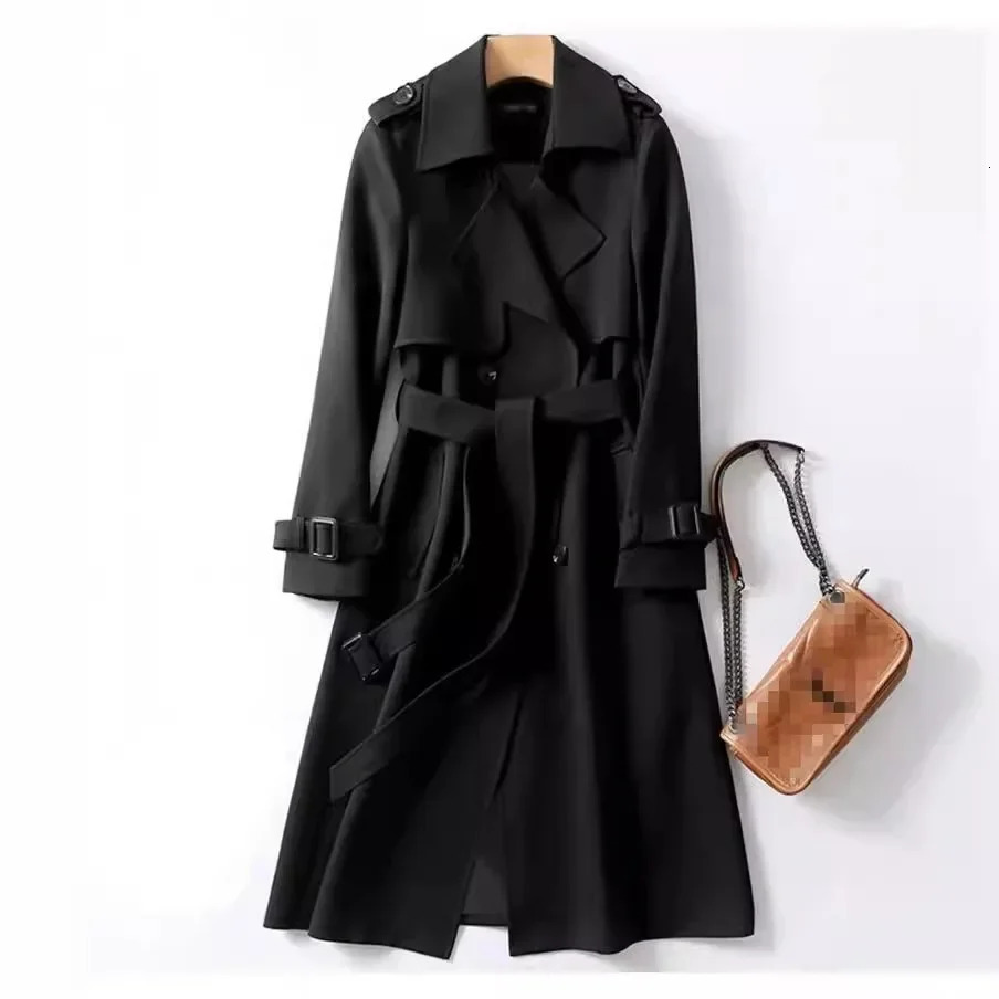 Long Trench Coat Women Lace Up Button Coats Full Sleeve Turn Down Collar Splice Jackets Solid Pockets Office Lady Streetwear 251021