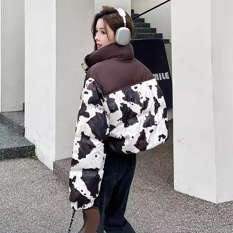 Winter Stand Collar Milk Print Short Parker Down Jacket Women White Duck Puff Warm Female Zipper Drawstring Outwears 251017