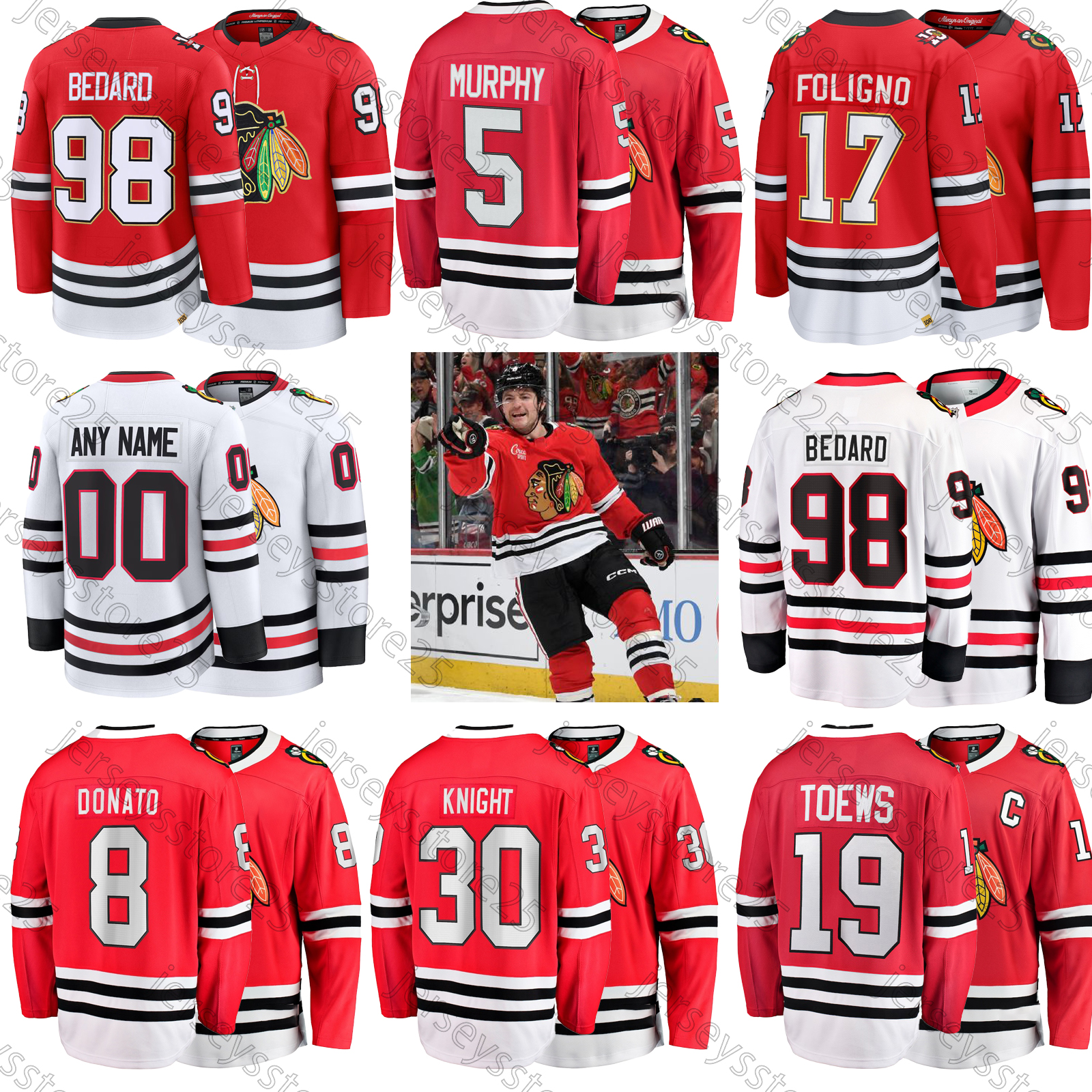 Connor Bedard Chicago hockey jersey Blackhaw Nick Foligno Ryan Donato Connor Murphy Sam Lafferty Andre Burakovsky Connor Murphy Teuvo Teravainen Chicago jersey