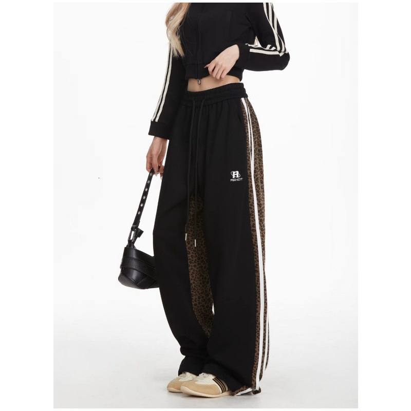 2025 leopard print wool lining designer thickened sports pants autumn and winter new retro hip-hop loose fashion brand striped sports straight leg pan