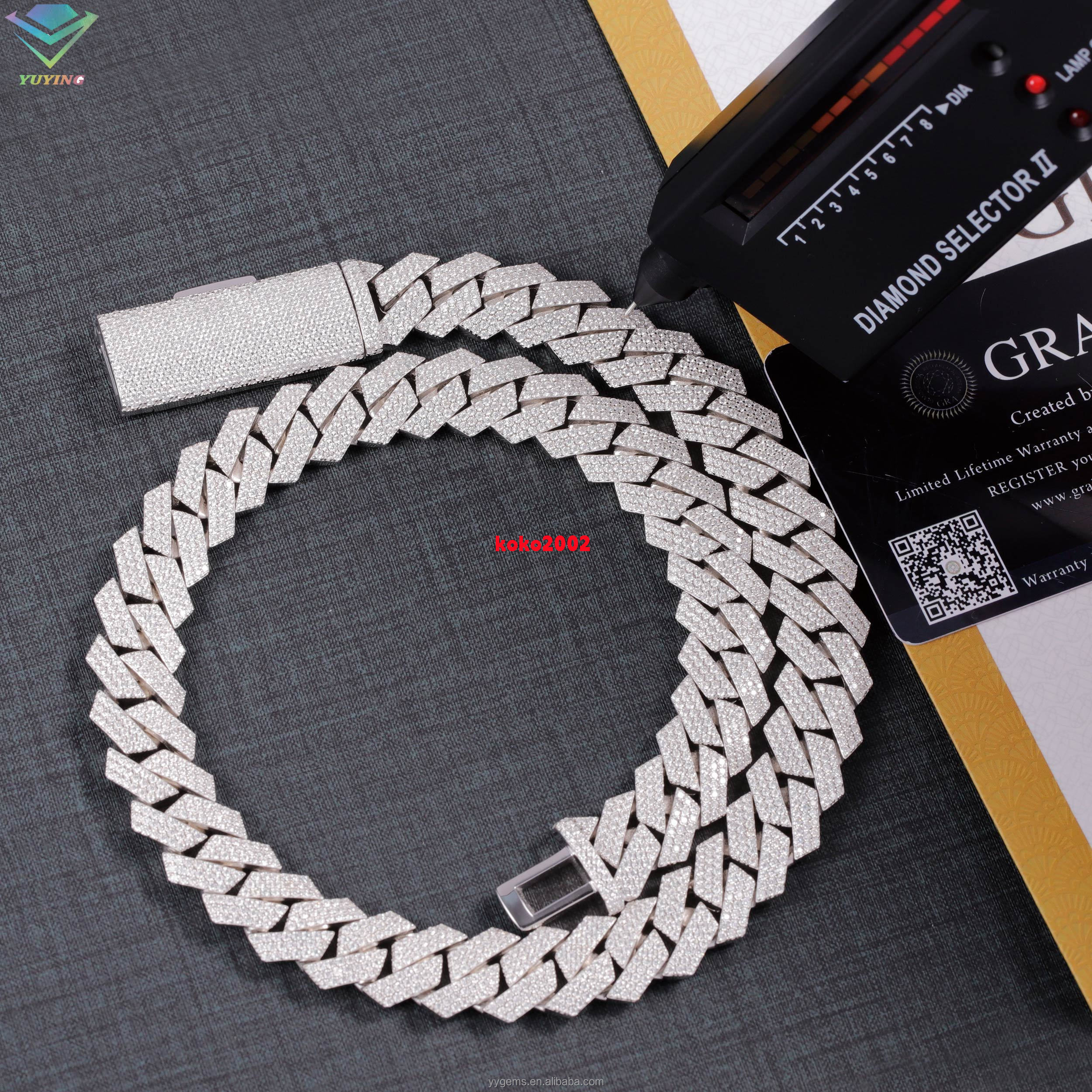 Fine Jewelry VVS Mossanite Cuban Chain 3rows 15mm 925 Solid Silver Iced Out Diamond Moissanite Cuban Link Chain Hip Hop Necklace