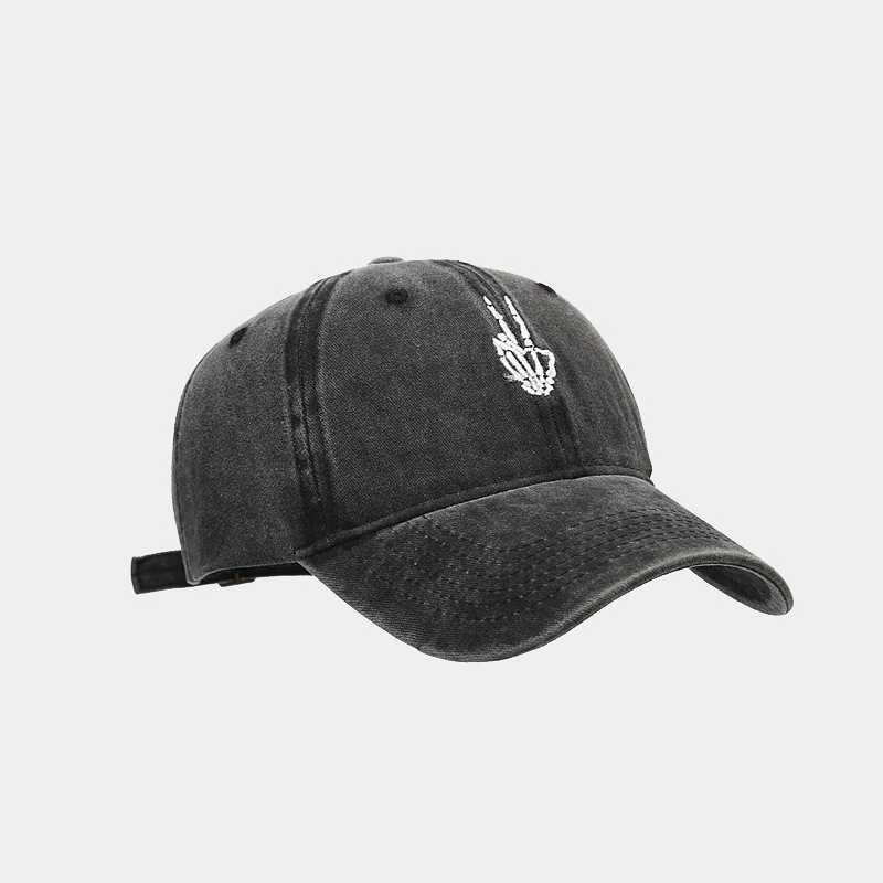 New Skull Finger Embroidery Baseball Cap Trendy Washed Vintage Soft Brim Duckbill Cap H251020