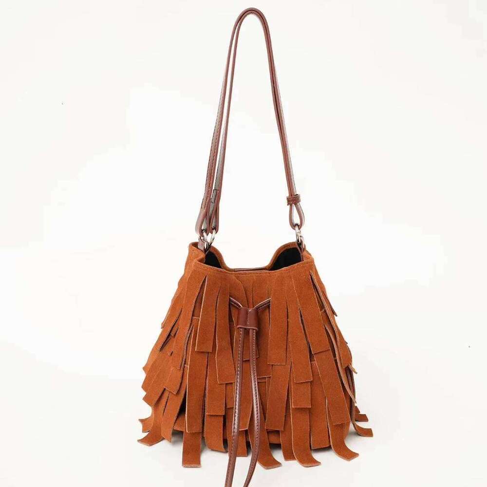 Suede Tassel Bucket New Niche Design Frosted Cowhide Bohemian Vintage Fashion Women One-Shoulder Crossbody Bag Suotong1021