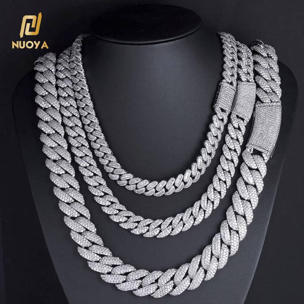 NUOYA 18mm Shiny 3 Row Diamond White Gold Cuban Chain Necklace for Women Full Diamond Iced Out Cuban Link Chain Hip Hop Jewelry