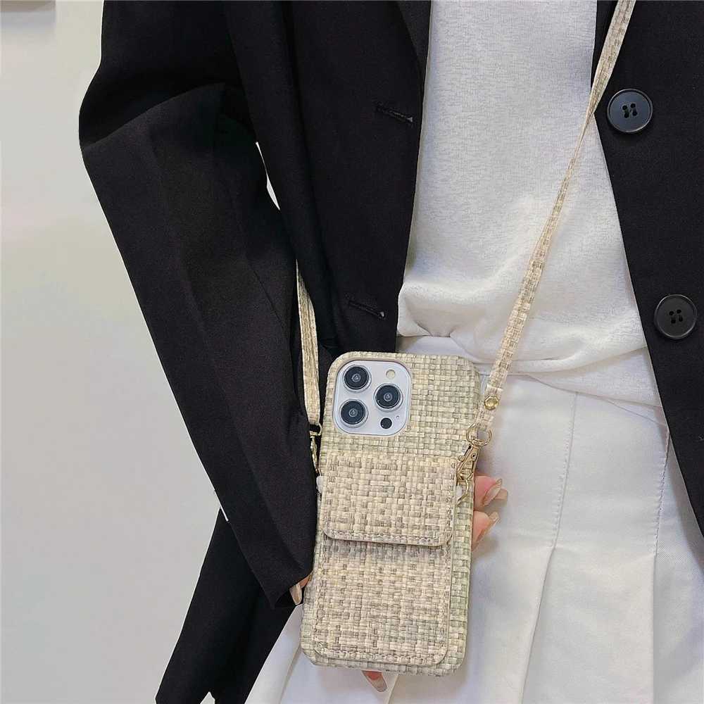 Luxury Leather Weave Wallet Crossbody Lanyard Strap Case For iPhone 14 11 12 13 15 Pro Max X XS XR 8 7 Plus SE Card Holder Cover J251114
