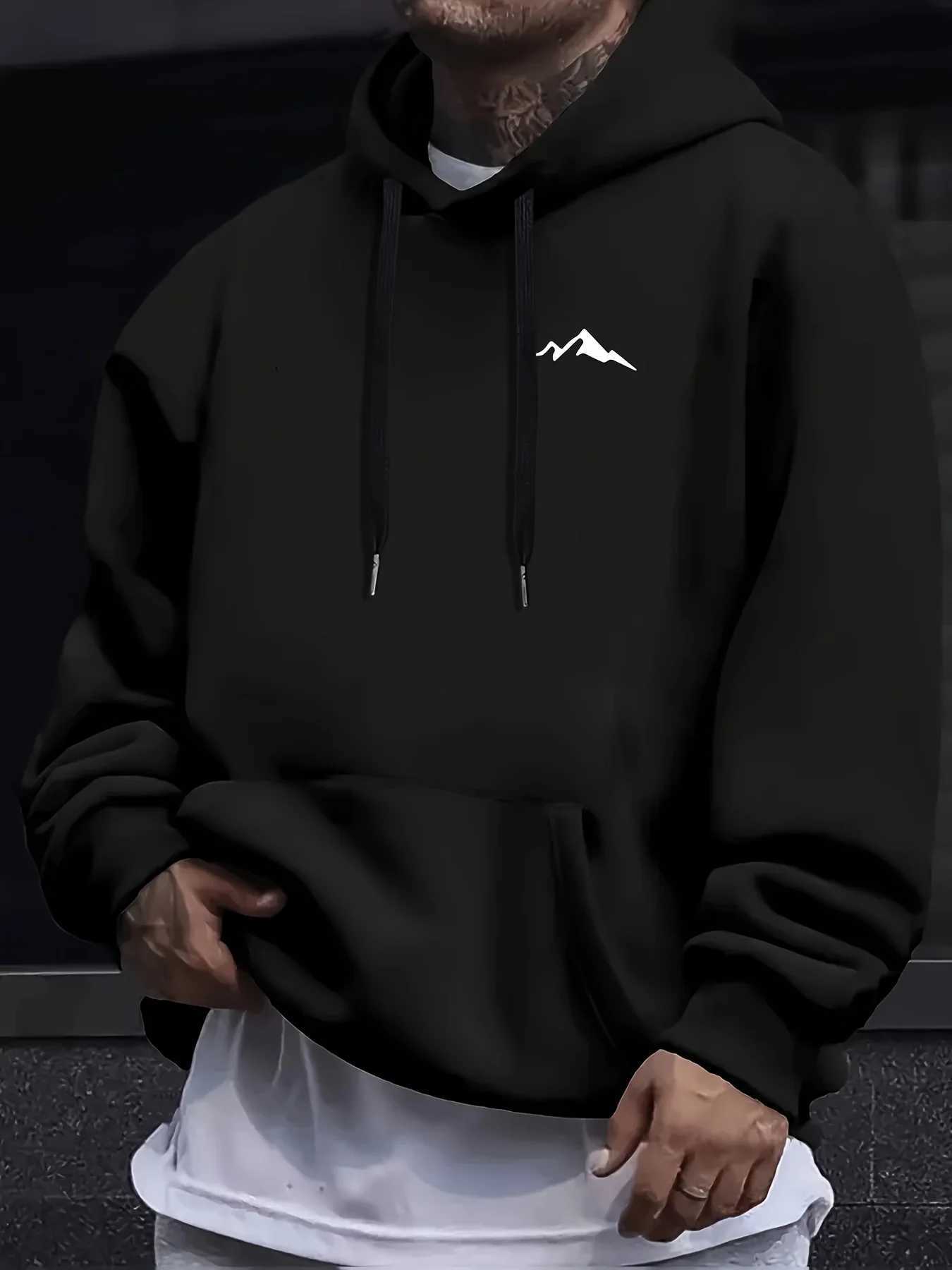 Mens autumn and winter casual fashion loose mountain print long sleeved hooded sweatshirt warm pullover W251021