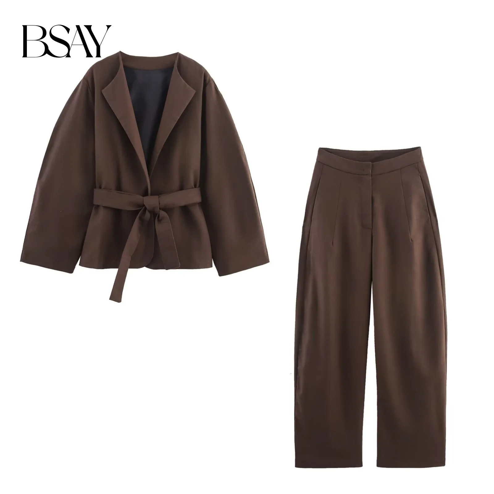 BSAY Fashion Versatile Solid Color Womens Autumn Style Belt Kimono style Outcoat or Balloon Pants 251021