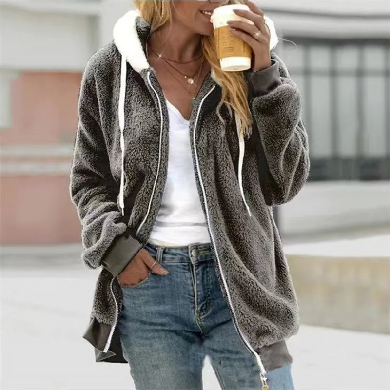 Winter Fashion Womens Coat Casual Hooded Zipper Ladies Clothes Cashmere Women Fleece Jacket Solid Color Coats 251021