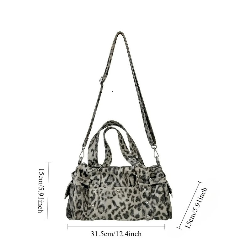 Retro Leopard Print Crossbody Bag with Studs Fashion Handle Bag for Women Commuting and leisure wear bag 251015