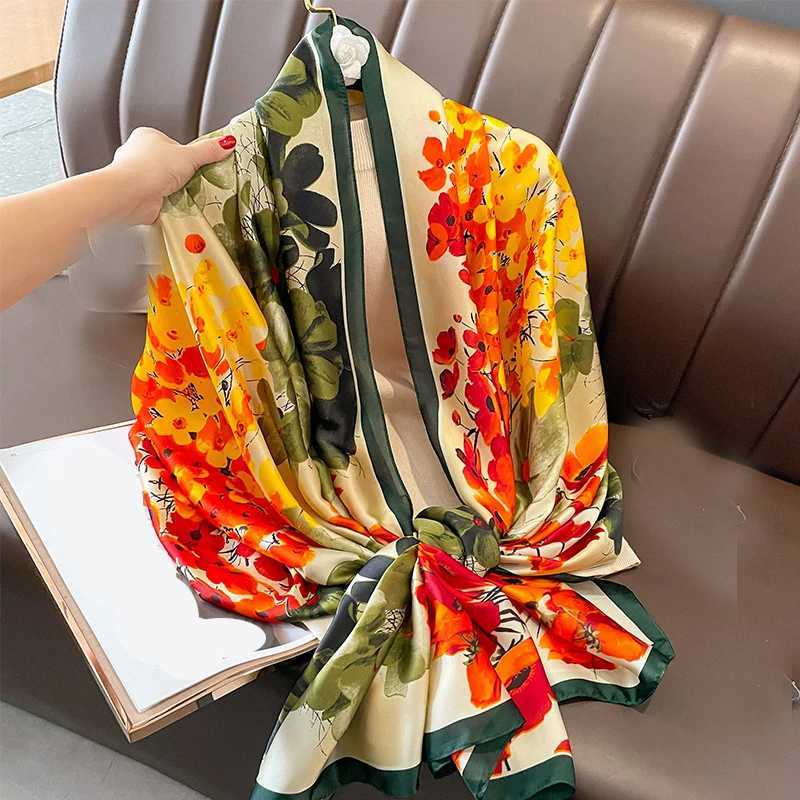 New Silk Square Scarf Women Designer Floral Print Satin Scarves for Lady Foulard Bandana Scarfs Female Neckerchief 90cm Hijab W251021