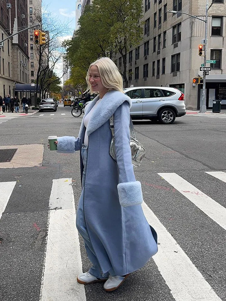 Women Chic Fur Patchwork Woolen Overcoat Elegant Vneck Waist Cinching Loose Outerwears Lady Winter Daily Commute Street Coat 251017