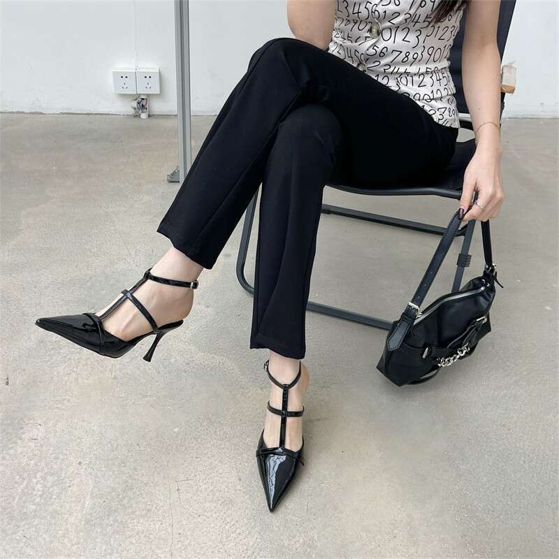 Shiny Leather Versatile One-Strap Pointed High Designer Shoe Heels 2025 Spring New Thin Heel Shallow Mouth Closed Toe Backless Sandals