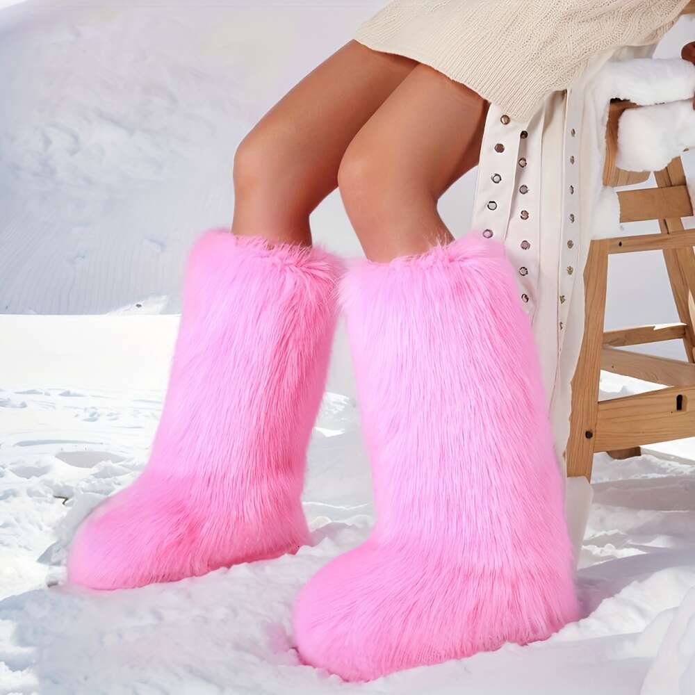 Fashion Women's Faux Fur Round Toe Flat Heel Slip On Warm Comfort Outdoor Winter Boots