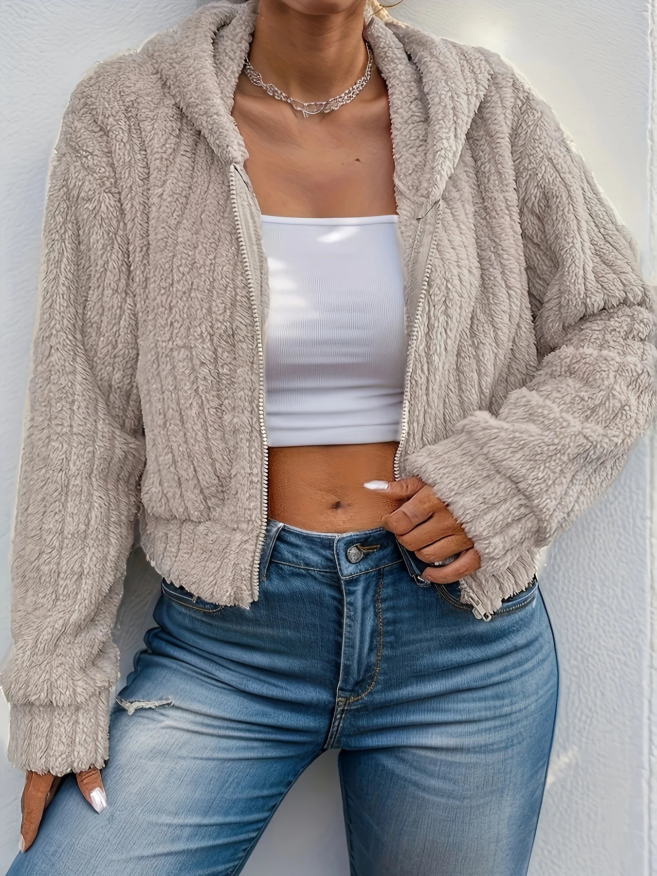 Elegant Faux Fur ZipUp Hooded Jacket for Women 100 Polyester Solid Color Cozy Short Coat FallWinter 251021