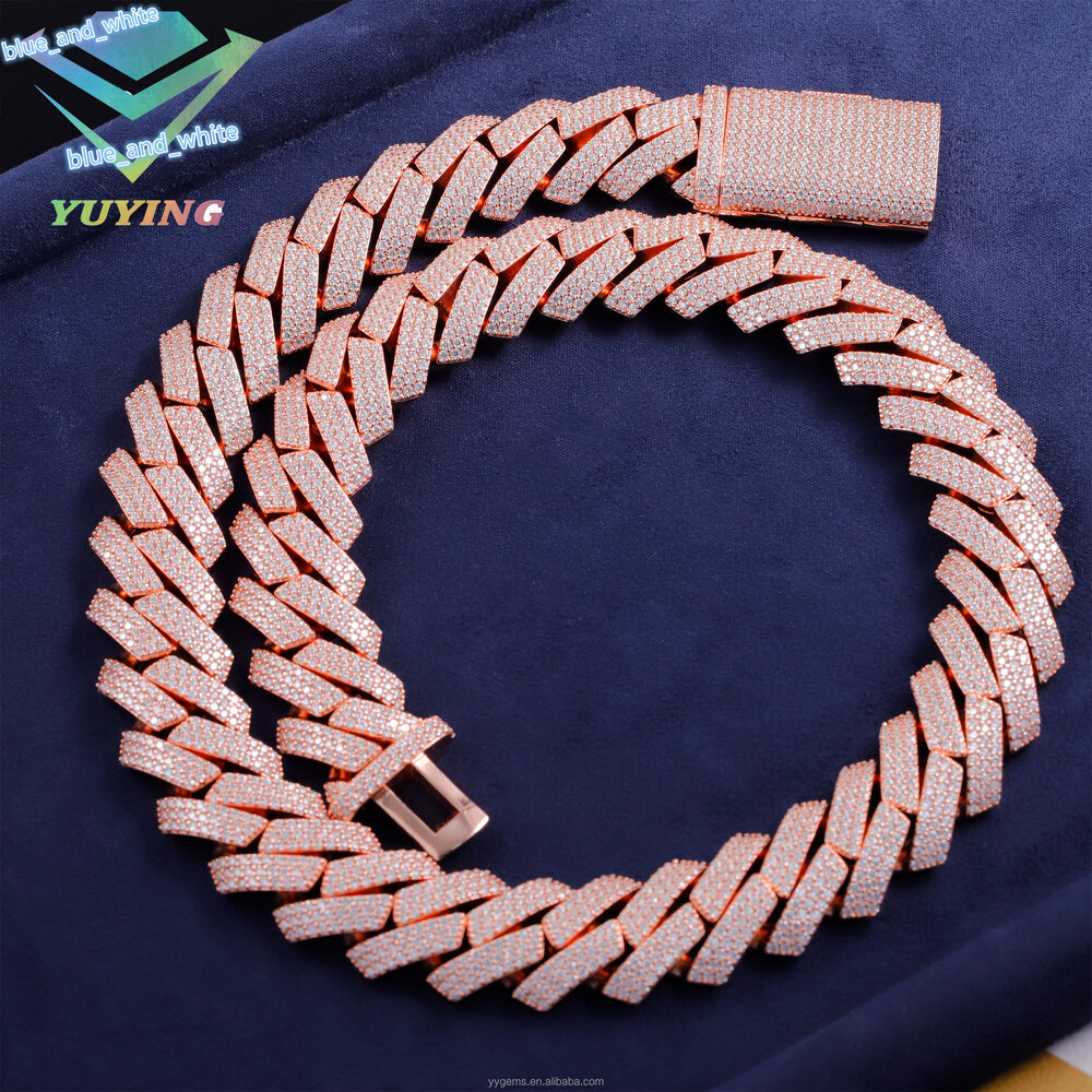 20mm Rose Gold 3rows Cuban Chain S925 Silver Gold Plated Cuban Chain Iced Out Moissanite Hip Hop Link Chains