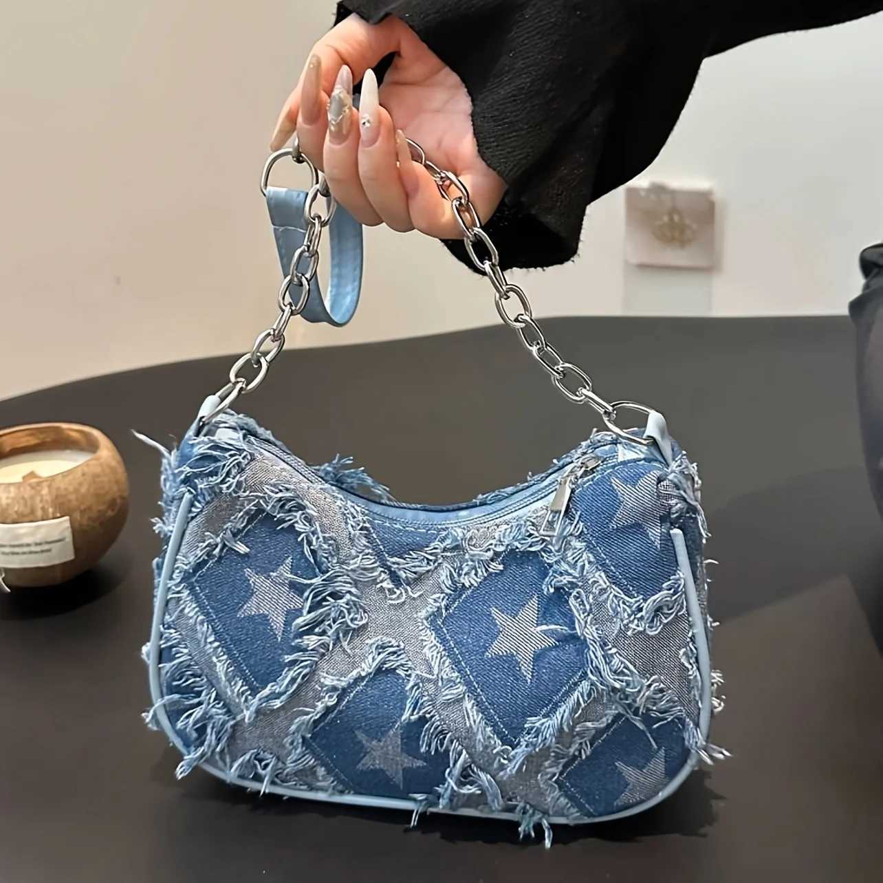 Womens Tote Bag with Star Pattern Blue Distressed Design GoldenTone Hardware Stylish Handbag Shoulder Bag for Everyday UseXJ251021