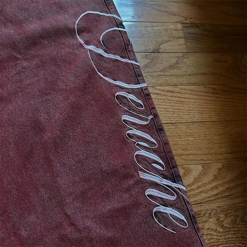 Y2K Casual Loose Jeans Vintage Letter Print Rivet Waist Belt n Red High Wide Leg Men Women Hip Hop Streetwear 251017