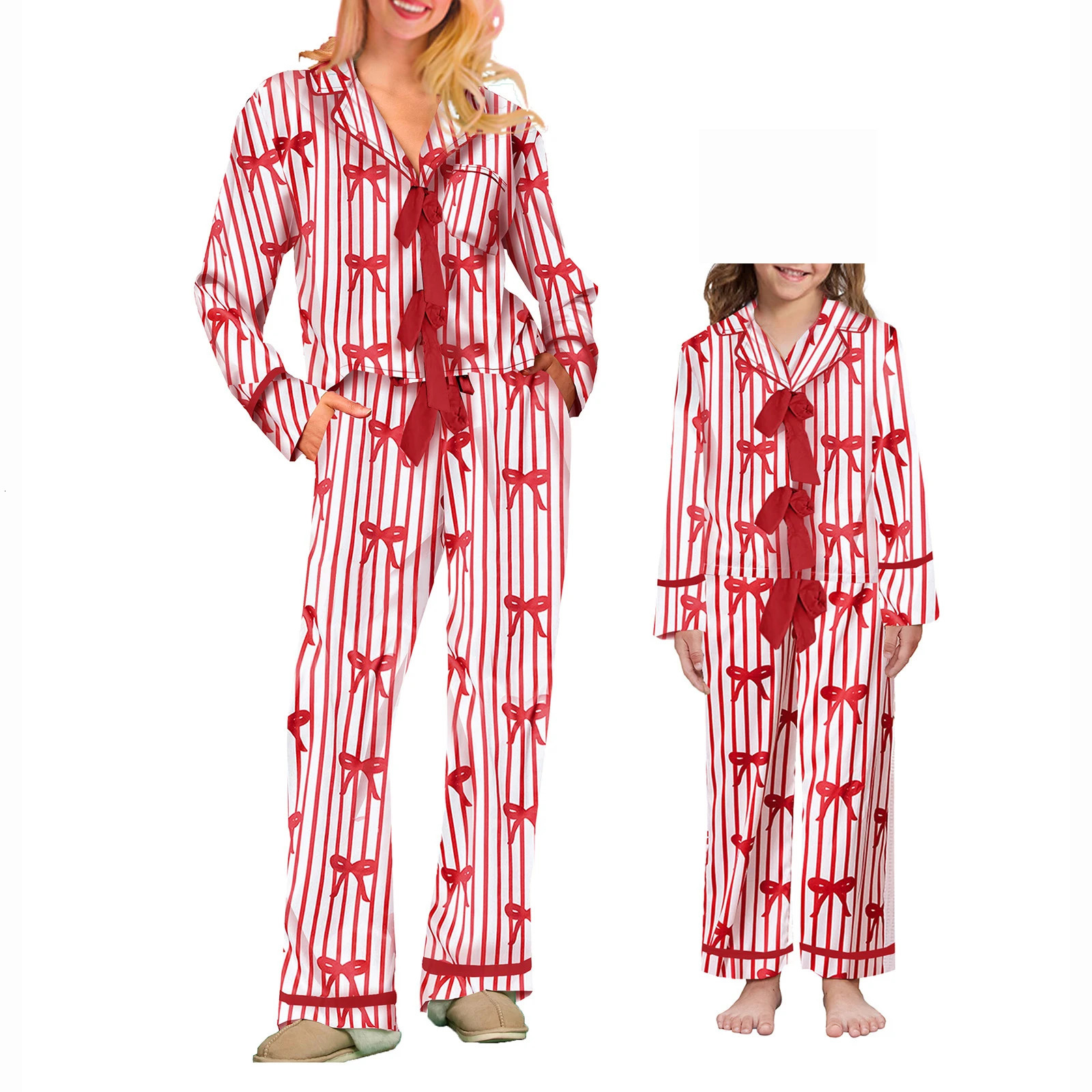 Mommy and Me Matching 2Piece BowHeart Print Pajamas Set Tie Front Long Sleeve Lapel Neck Tops Pants Family Matching Sleepwear 251021