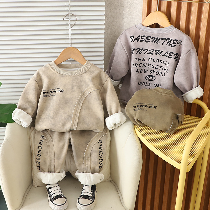 Winter Warm 2025 New Boys Fleece-Lined Hoodie Set, Letter Patchwork Streetwear 2-Piece, Loose Fit Casual Outfit for Toddler Boys