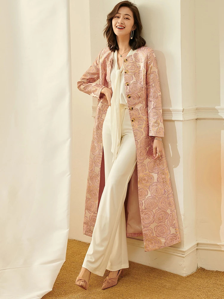 y Women Long Trench Jacquard Coat Button Front Overcoat Fall Winter Floral Elegant Jackets Outerwear Party Outfit Clothes 251017