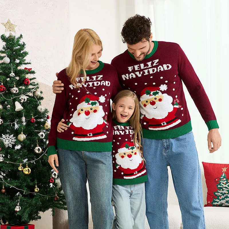 Xmas Family Loook Knitwear Santa Print Knitted Sweater Full Sleeve O Neck Soft Loose Jumper Christmas Matching Outfits Pullovers 251021