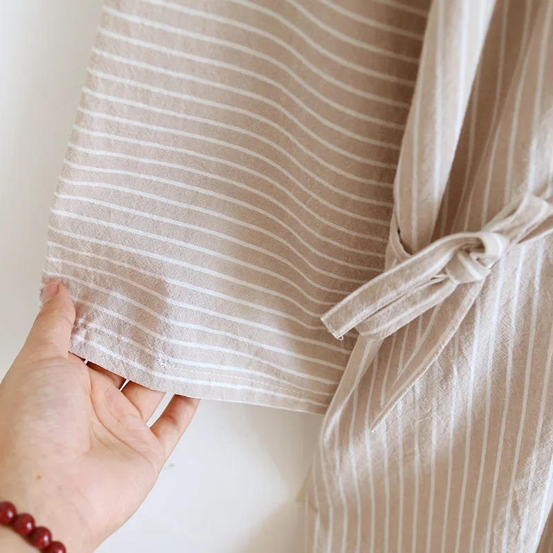 Striped Kimono Robes Set Pajamas for Mens Sleepwear Cotton Loose Oversized Long Pants Thin Sweat Steamed Home Clothes 251021