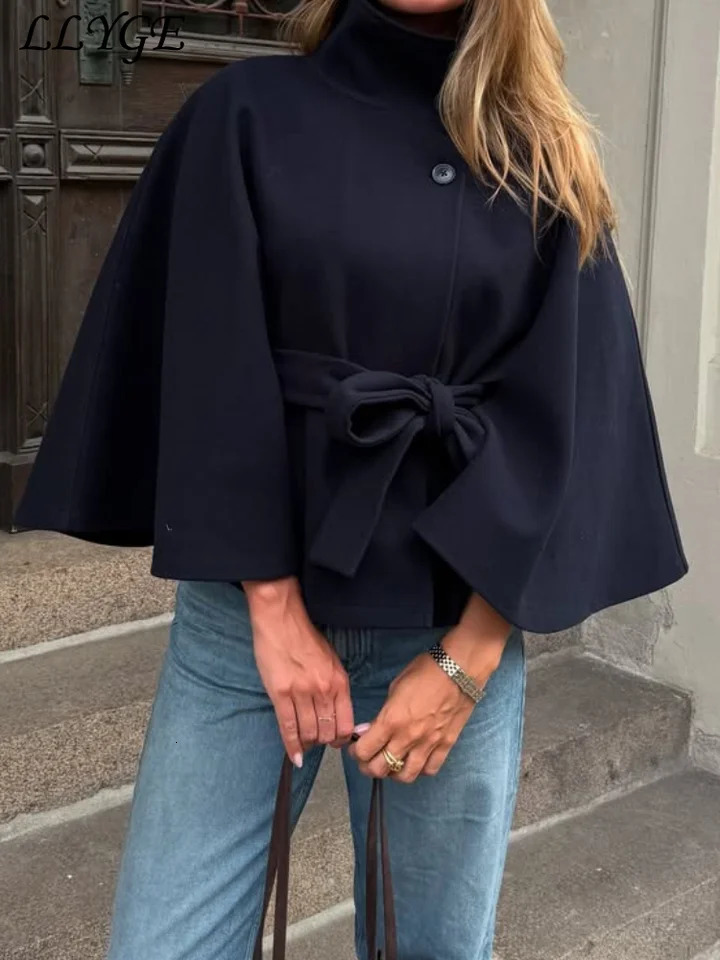 Elegant Womens Belt Short Woolen Coats Loose Stand Collar Singlebreasted Long Sleeve Jacket Autumn Lady Commute Outwear 251013