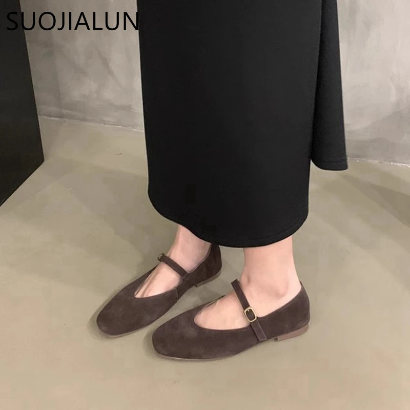 SUOJIALUN Autumn Women Flat Shoes Fashion Round Toe Ladie Ballerinas Shoes Soft Flat Heel Outdoor Casual Mary Jane Shoes 251021