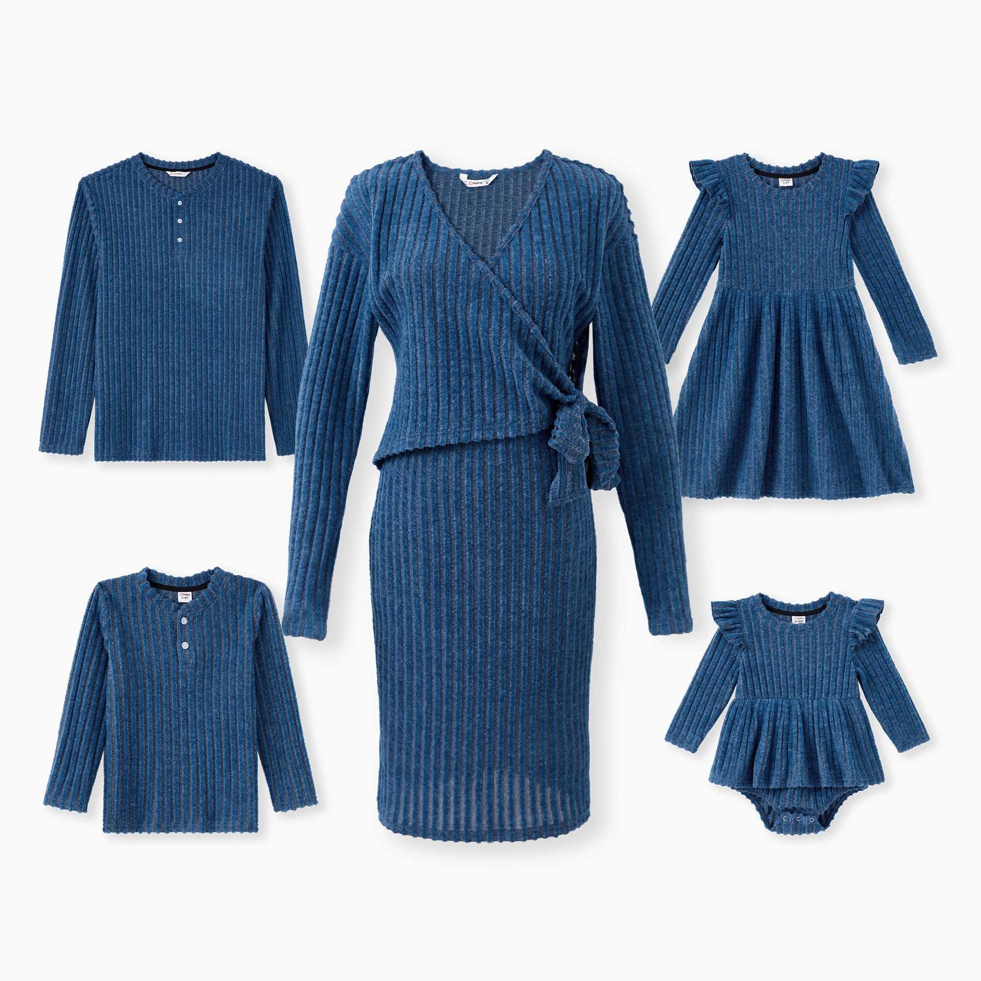 Family Matching Sets Blue Ribbed Long Sleeves Henley Neck Top Tie Side Dress L251021PXR1