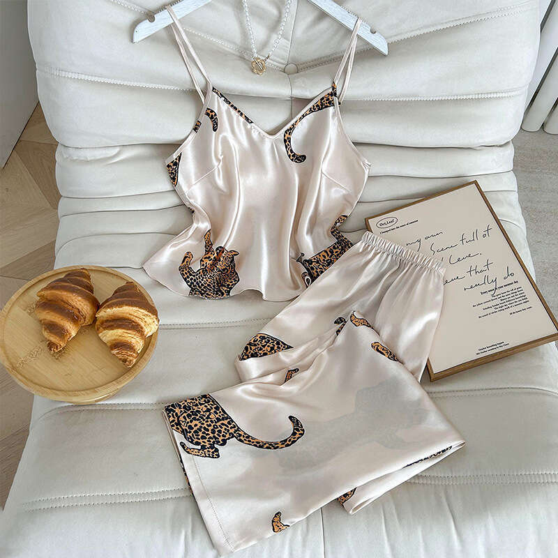 Leopard Print Camisole and Long Pants Fashionable Imitation Silk Homewear Pajama Set