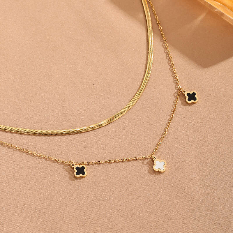 Design Trendy Personality Fashion gold Double Layer Stacked Roman Four-Leaf Clover Designer Titanium Steel Necklace for Women Light Elegant Collarbone