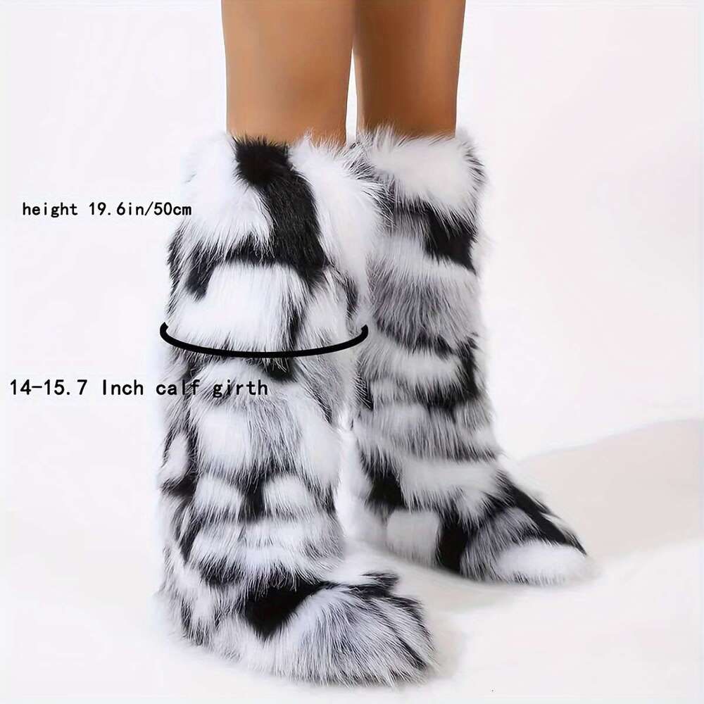 Faux Fur Boots Round Toe, Pull-On Closure, Flat Heel, PVC Comfortable Flannel Lined Footwear With Superfine Fiber Upper And