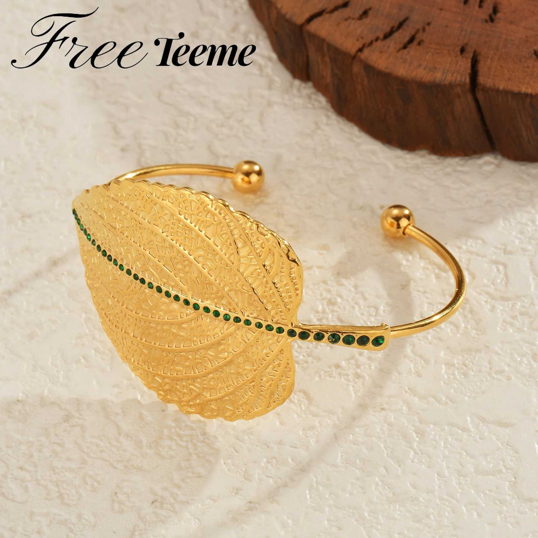 Freetime Luxury Green Stone Leaf Shaped Bangle Gold Color Stainless Steel Open Bracelet Jewelry Accessories for Women J251021