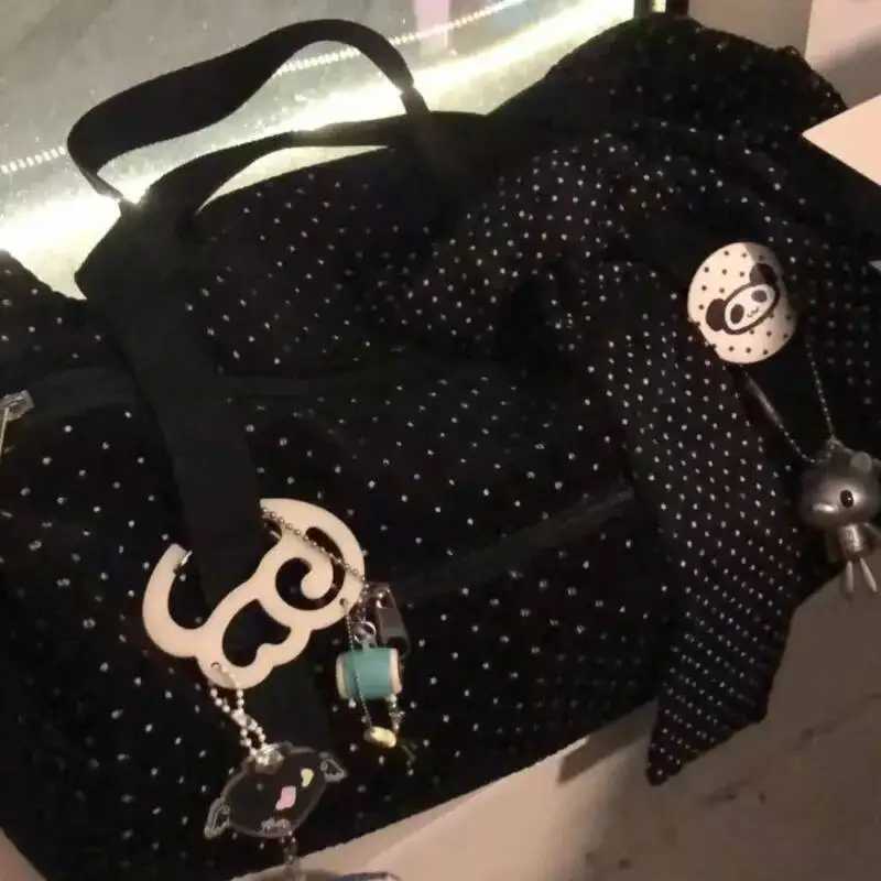 Large Capacity Casual Black Tote Bag Polka Dot Print Korean Luggage Bags Zipper Trendy Canvas Handbag Versatile Travel Bag WomenXJ251021