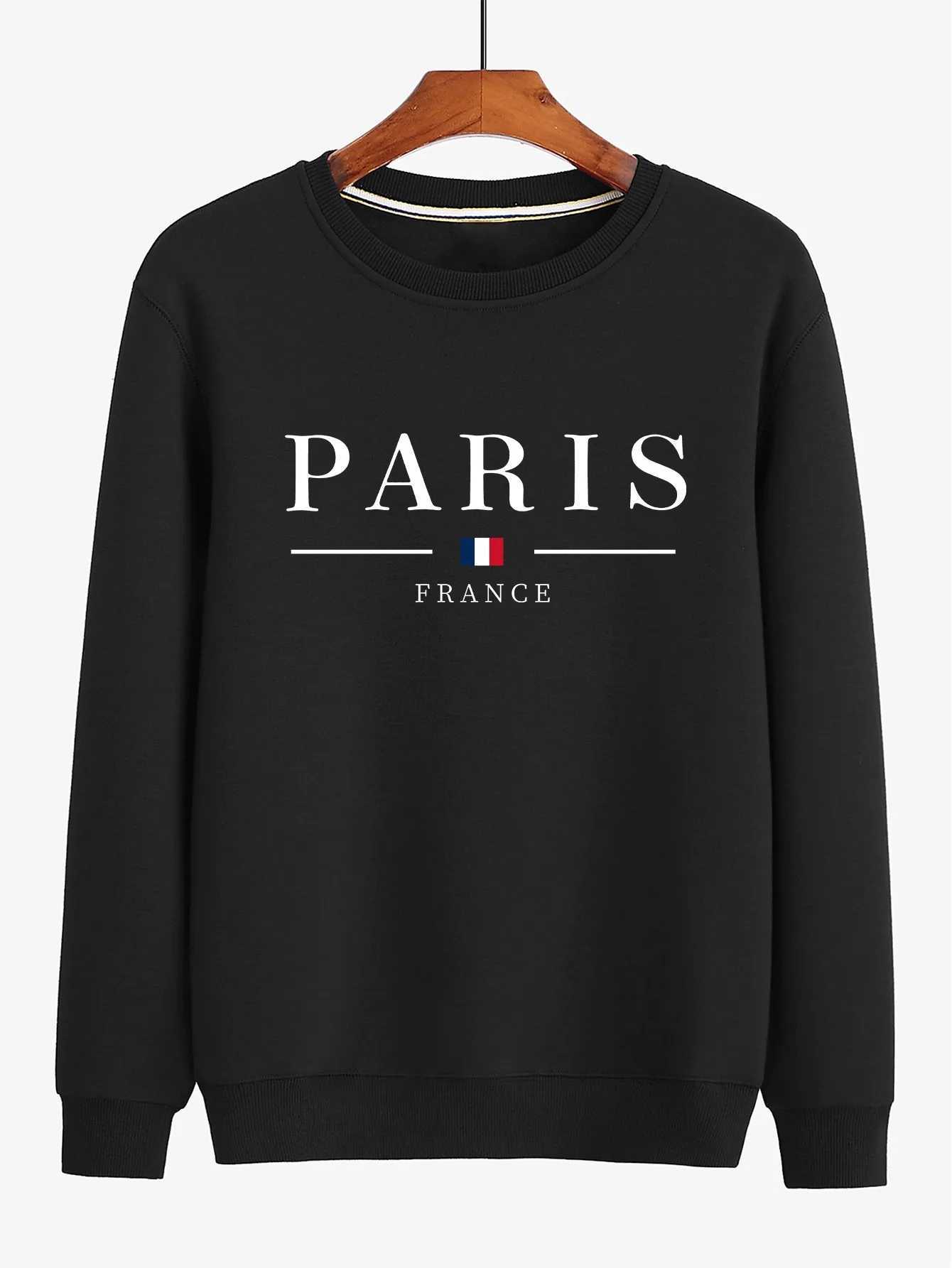 Mens autumn and winter fashionable casual loose Paris letter print fleece pullover long sleeved round neck sweatshirt W251021